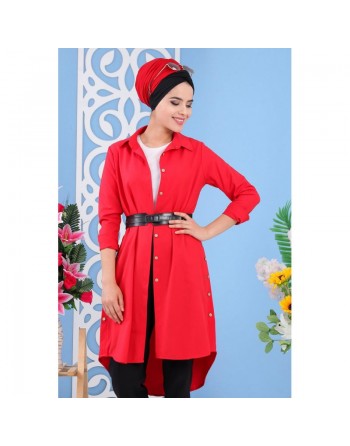 Tunique chemise longue décoration boutons pour femme - Couleur rouge 