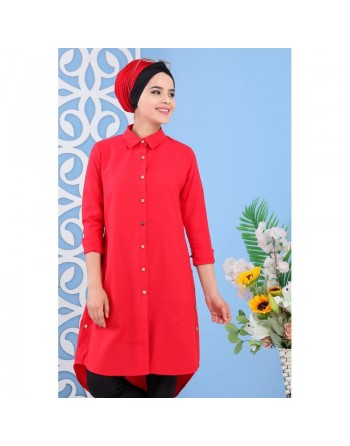 Tunique chemise longue décoration boutons pour femme - Couleur rouge 