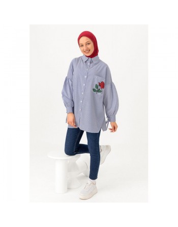 Chemise-Tunique motif fleur (Vêtement pour femme voilée) - Couleur des rayures : bleu 