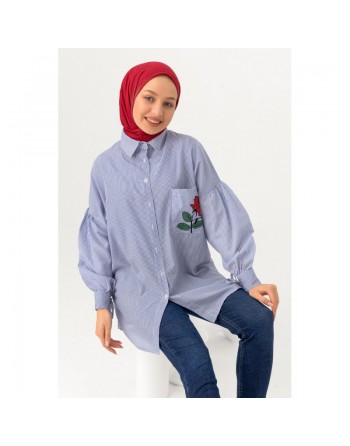 Chemise-Tunique motif fleur (Vêtement pour femme voilée) - Couleur des rayures : bleu 