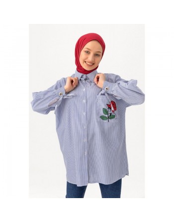 Chemise-Tunique motif fleur (Vêtement pour femme voilée) - Couleur des rayures : bleu 