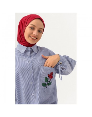 Chemise-Tunique motif fleur (Vêtement pour femme voilée) - Couleur des rayures : bleu 