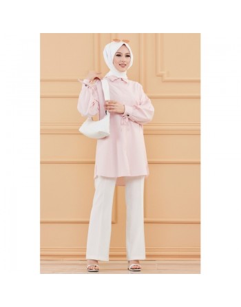 Chemise-Tunique motif fleur (Vêtement pour femme voilée) - Couleur des rayures : rose poudré 