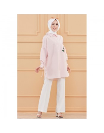 Chemise-Tunique motif fleur (Vêtement pour femme voilée) - Couleur des rayures : rose poudré 