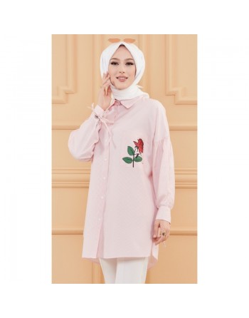 Chemise-Tunique motif fleur (Vêtement pour femme voilée) - Couleur des rayures : rose poudré 