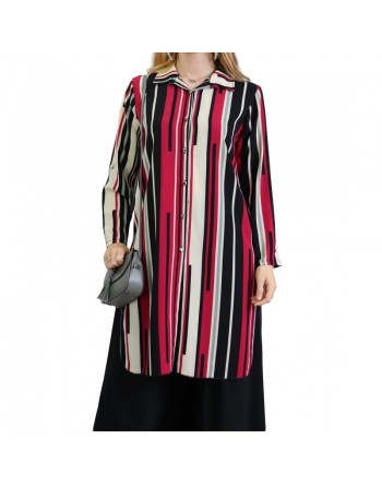 Chemise longue blanche à rayures noires et framboise 
