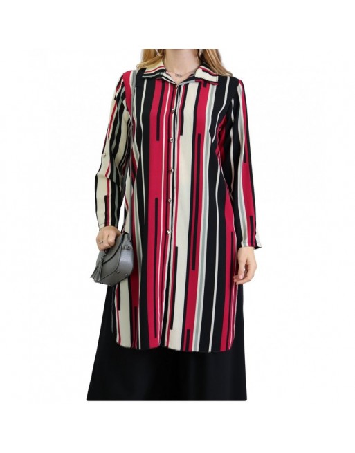 Chemise longue blanche à rayures noires et framboise Chemise longue blanche à rayures noires et framboise