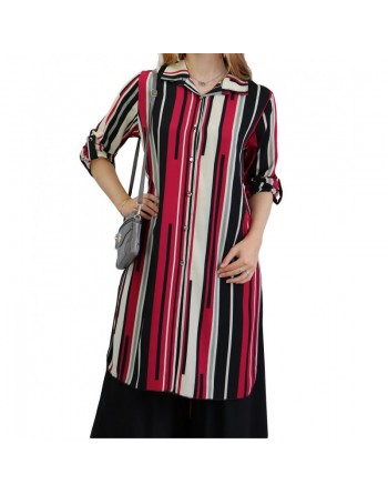 Chemise longue blanche à rayures noires et framboise 
