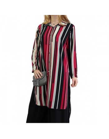 Chemise longue blanche à rayures noires et framboise 