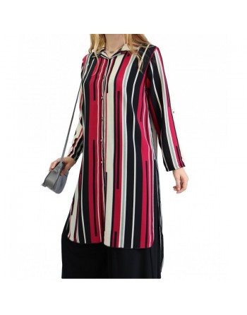 Chemise longue blanche à rayures noires et framboise 