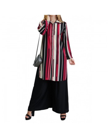 Chemise longue blanche à rayures noires et framboise 