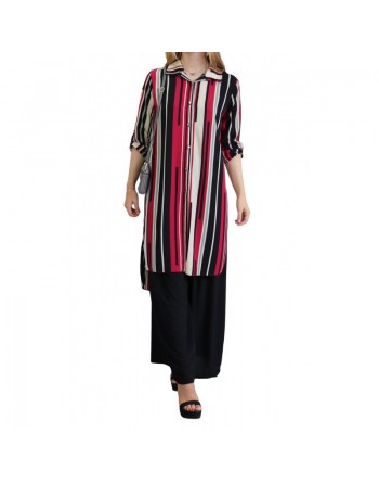 Chemise longue blanche à rayures noires et framboise 
