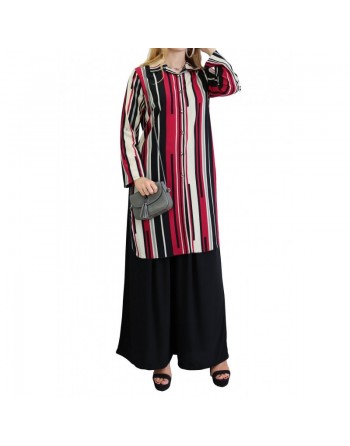 Chemise longue blanche à rayures noires et framboise 