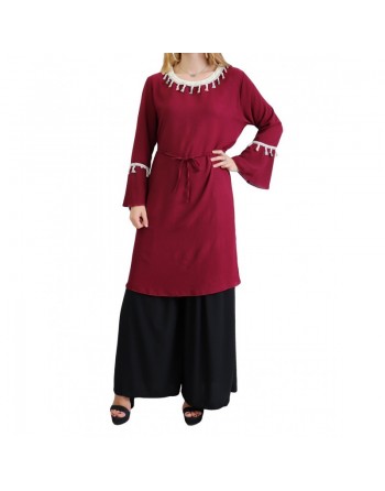 Tunique Longue à poignets cloche avec pompons - Couleur bordeaux 