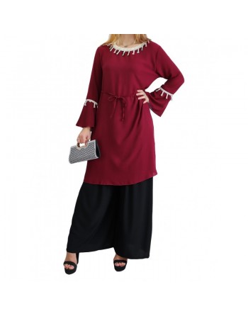 Tunique Longue à poignets cloche avec pompons - Couleur bordeaux 