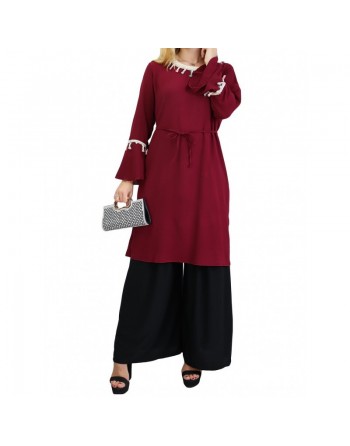 Tunique Longue à poignets cloche avec pompons - Couleur bordeaux 