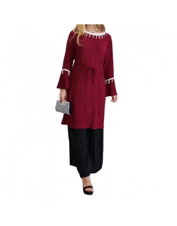 Tunique Longue à poignets cloche avec pompons - Couleur bordeaux 