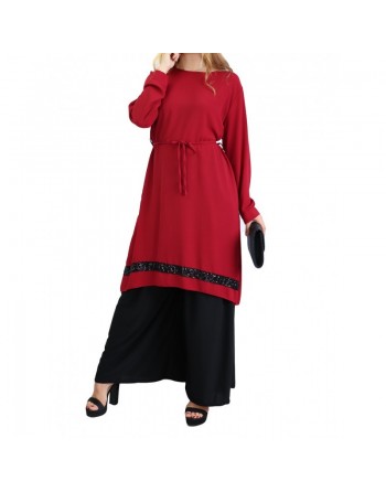 Tunique en crêpe avec strass noirs (Tuniques pour femmes) - Couleur Bordeaux 