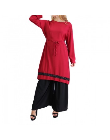 Tunique en crêpe avec strass noirs (Tuniques pour femmes) - Couleur Bordeaux 