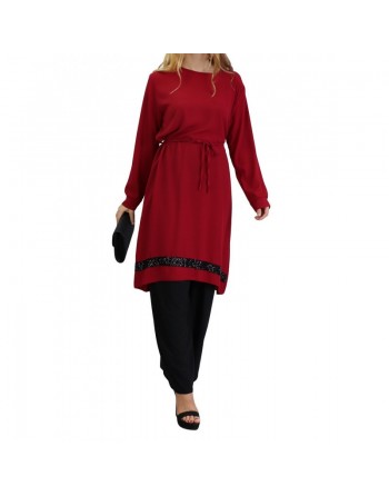 Tunique en crêpe avec strass noirs (Tuniques pour femmes) - Couleur Bordeaux 