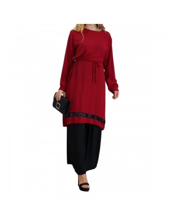 Tunique en crêpe avec strass noirs (Tuniques pour femmes) - Couleur Bordeaux 