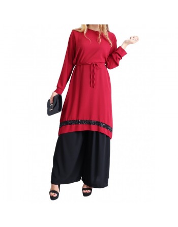 Tunique en crêpe avec strass noirs (Tuniques pour femmes) - Couleur Bordeaux 