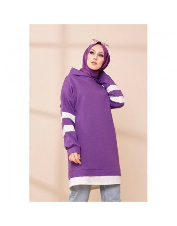 Tunique décontractée avec capuche (Vêtement hijab) - Couleur violet avec bandes blanches 