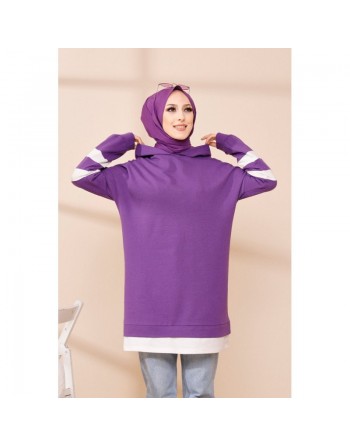 Tunique décontractée avec capuche (Vêtement hijab) - Couleur violet avec bandes blanches 