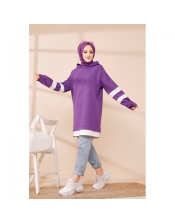 Tunique décontractée avec capuche (Vêtement hijab) - Couleur violet avec bandes blanches 