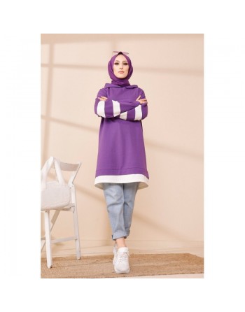 Tunique décontractée avec capuche (Vêtement hijab) - Couleur violet avec bandes blanches 