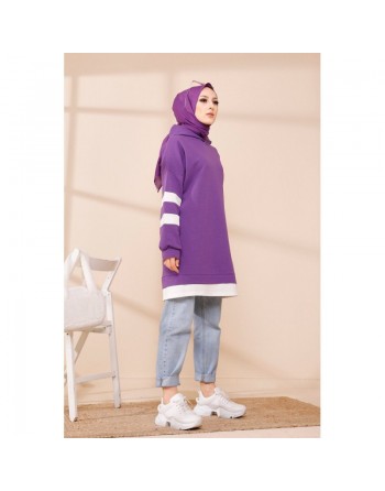 Tunique décontractée avec capuche (Vêtement hijab) - Couleur violet avec bandes blanches 