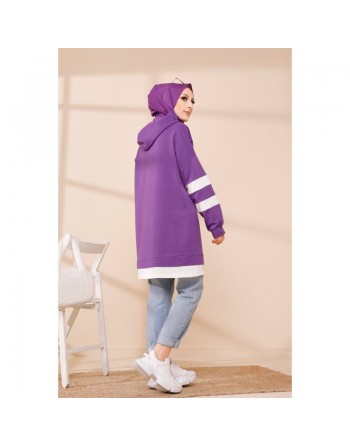 Tunique décontractée avec capuche (Vêtement hijab) - Couleur violet avec bandes blanches 