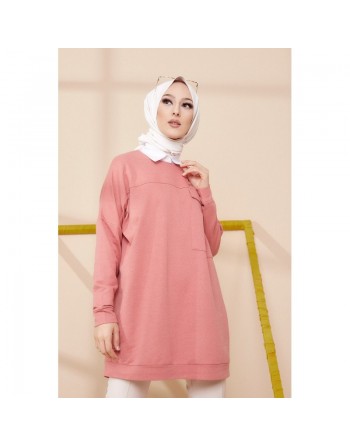 Tunique décontractée ample avec grande poche (Sweat femme Hijab) - Couleur rose 