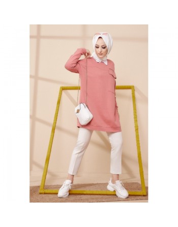 Tunique décontractée ample avec grande poche (Sweat femme Hijab) - Couleur rose 