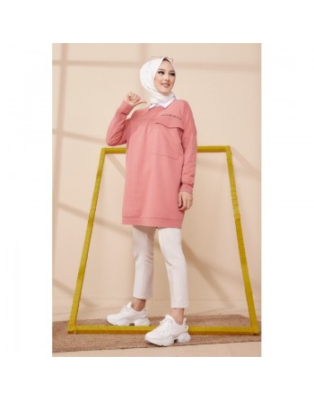 Tunique décontractée ample avec grande poche (Sweat femme Hijab) - Couleur rose 