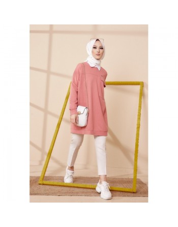 Tunique décontractée ample avec grande poche (Sweat femme Hijab) - Couleur rose 