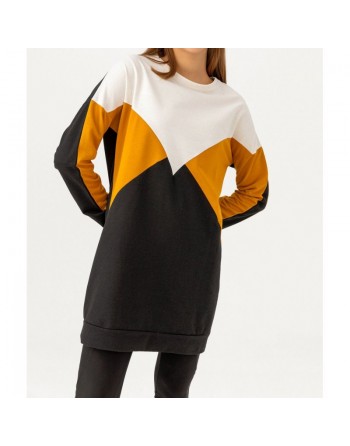 Tunique originale pour femme - Sweat-shirt tricolore - Couleur blanc noir et moutarde 