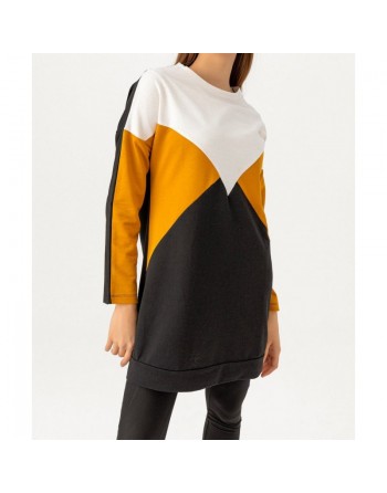 Tunique originale pour femme - Sweat-shirt tricolore - Couleur blanc noir et moutarde 
