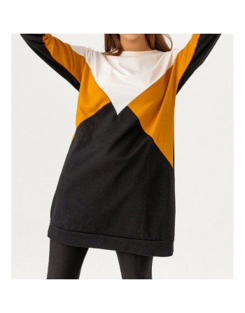 Tunique originale pour femme - Sweat-shirt tricolore - Couleur blanc noir et moutarde 