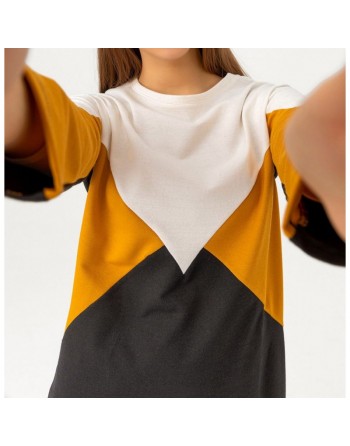 Tunique originale pour femme - Sweat-shirt tricolore - Couleur blanc noir et moutarde 