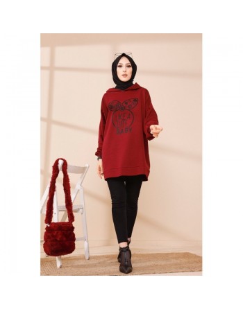 Tunique avec capuche imprimé "Like a cute baby" (Vetement Moderne Hijab) - Couleur bordeaux 