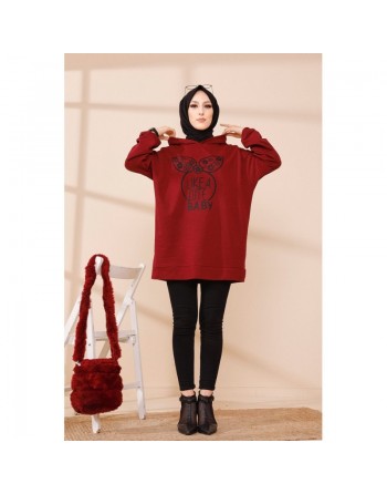 Tunique avec capuche imprimé "Like a cute baby" (Vetement Moderne Hijab) - Couleur bordeaux 