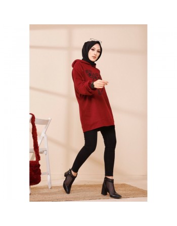Tunique avec capuche imprimé "Like a cute baby" (Vetement Moderne Hijab) - Couleur bordeaux 