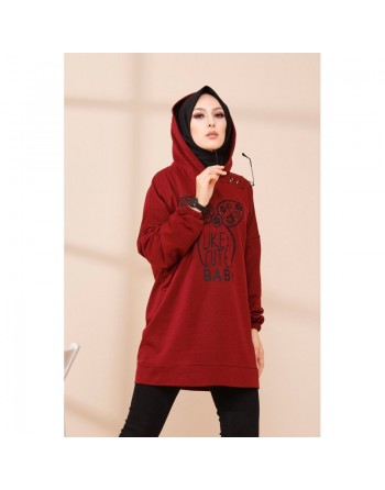 Tunique avec capuche imprimé "Like a cute baby" (Vetement Moderne Hijab) - Couleur bordeaux 