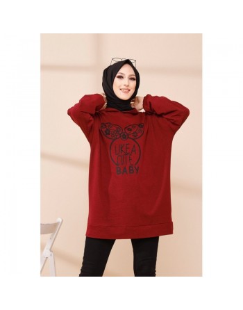 Tunique avec capuche imprimé "Like a cute baby" (Vetement Moderne Hijab) - Couleur bordeaux 