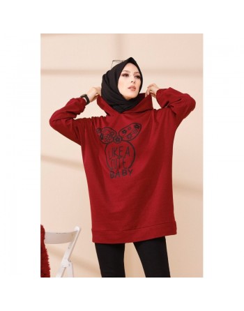 Tunique avec capuche imprimé "Like a cute baby" (Vetement Moderne Hijab) - Couleur bordeaux 