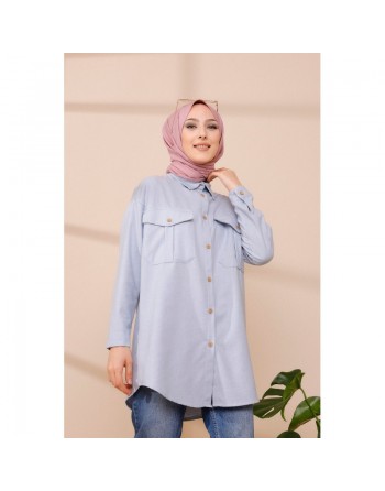 Tunique-Chemise casual pour femme avec deux grandes poches - Couleur bleu ciel 