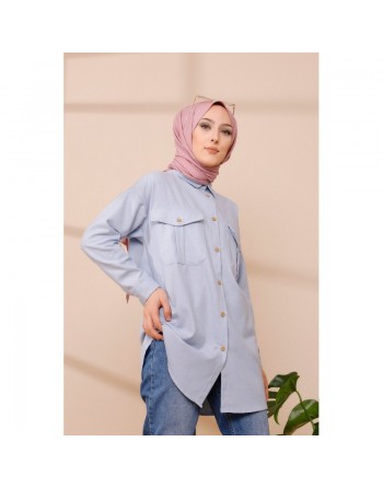 Tunique-Chemise casual pour femme avec deux grandes poches - Couleur bleu ciel 