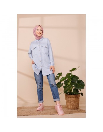 Tunique-Chemise casual pour femme avec deux grandes poches - Couleur bleu ciel 