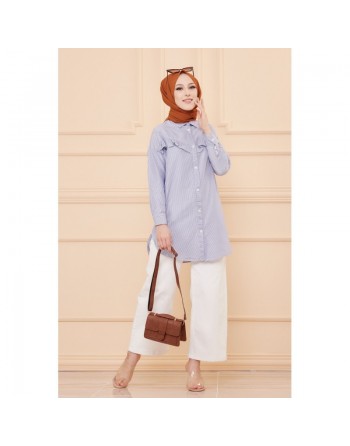 Tunique à froufrous pour femme (Tenue Hidjab) - Rayures couleur bleu 